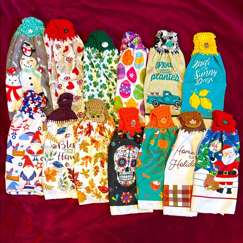 Colorful Kitchen Towel Set with Crochet Tops